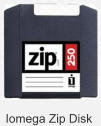 An Iomega Zip disk with 100 MB storage capacity.
